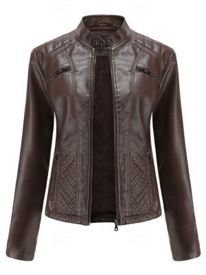 Fashion Regular Fit Plain Stand Collar Long Sleeve Faux Leather Jacket - Image 18