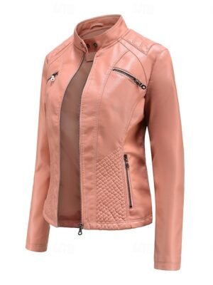 Fashion Regular Fit Plain Stand Collar Long Sleeve Faux Leather Jacket - Image 22