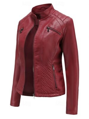 Fashion Regular Fit Plain Stand Collar Long Sleeve Faux Leather Jacket - Image 25