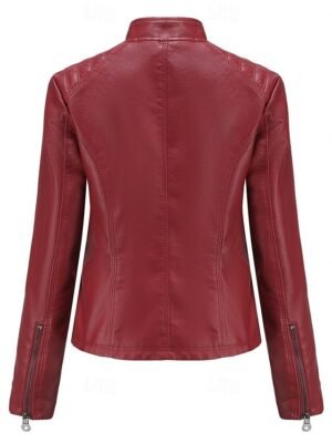 Fashion Regular Fit Plain Stand Collar Long Sleeve Faux Leather Jacket - Image 26