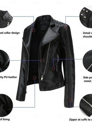 Fashion Regular Fit Plain Stand Collar Long Sleeve Faux Leather Jacket - Image 6