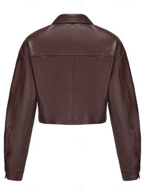 Fashion Regular Fit Plain Turndown Long Sleeve Short Faux Leather Jacket - Image 19