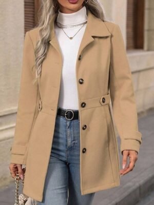Fashion Regular Fit Plain Turndown Long Sleeve Long Winter Coat - Image 2