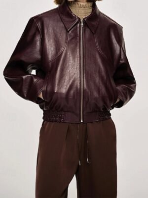 Fashion Regular Fit Plain Turndown Long Sleeve Faux Leather Jacket - Image 2