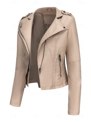 Fashion Regular Fit Plain Turndown Long Sleeve Short Faux Leather Jacket - Image 22