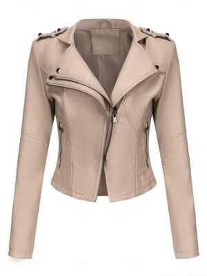 Fashion Regular Fit Plain Turndown Long Sleeve Short Faux Leather Jacket - Image 23