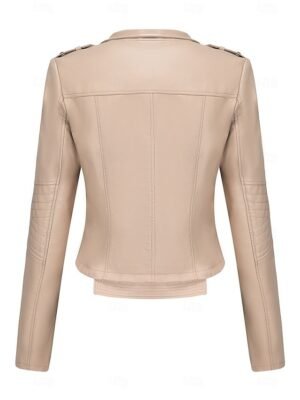 Fashion Regular Fit Plain Turndown Long Sleeve Short Faux Leather Jacket - Image 25