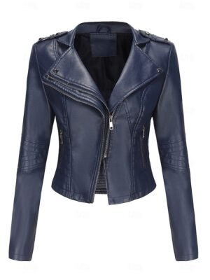 Fashion Regular Fit Plain Turndown Long Sleeve Short Faux Leather Jacket - Image 39