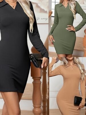 Fashion Regular Fit Plain V Neck Long Sleeve Mini Dress - Image 1