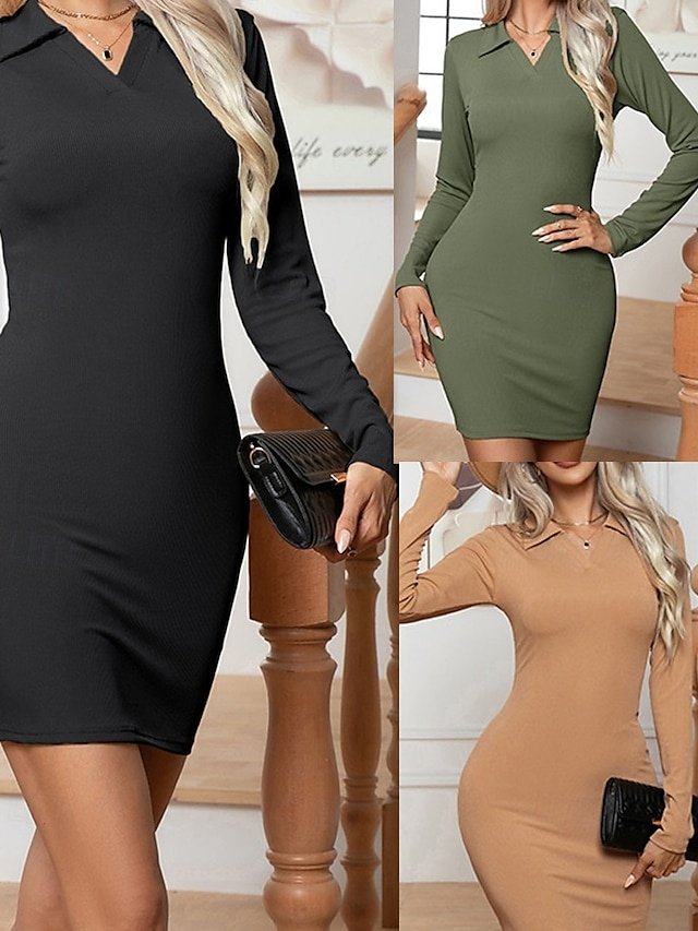 Fashion Regular Fit Plain V Neck Long Sleeve Mini Dress - Image 1