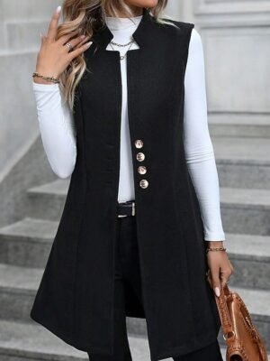 Fashion Regular Fit Plain V Neck Sleeveless Long Vest - Image 3