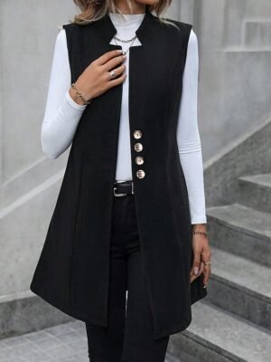 Fashion Regular Fit Plain V Neck Sleeveless Long Vest - Image 4