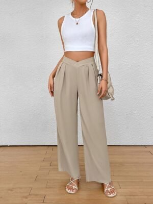 Fashion Regular Fit Plain Wide Leg Trousers - Image 10