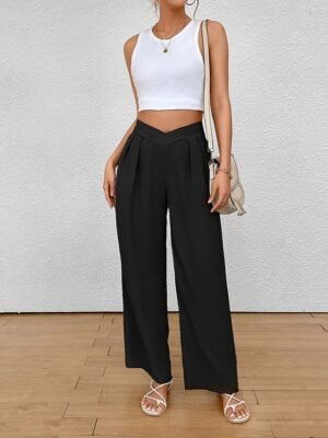 Fashion Regular Fit Plain Wide Leg Trousers - Image 2
