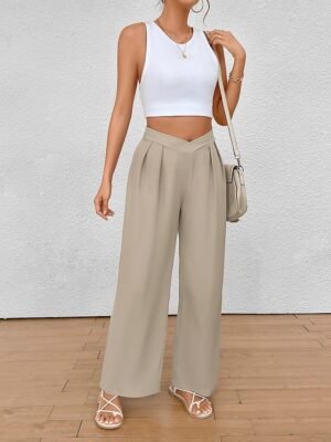 Fashion Regular Fit Plain Wide Leg Trousers - Image 8