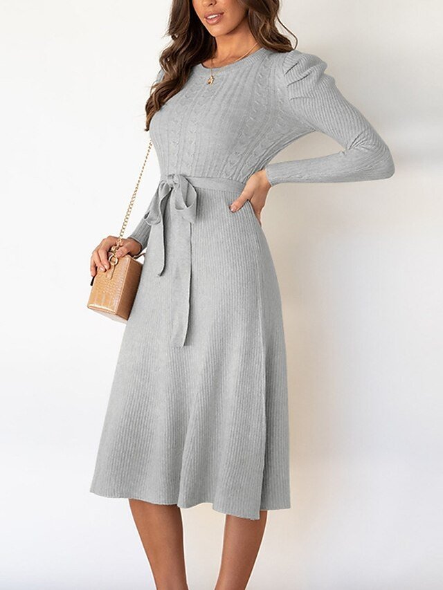 Fashion Regular Fit Pure Colour Crew Neck Long Sleeve Midi Sweater Dress - Image 2