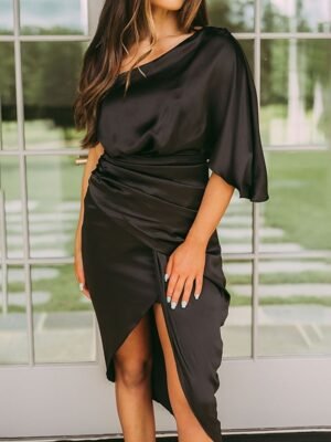 Fashion Regular Fit Pure Colour One Shoulder Short Sleeve Midi Dress - Image 3