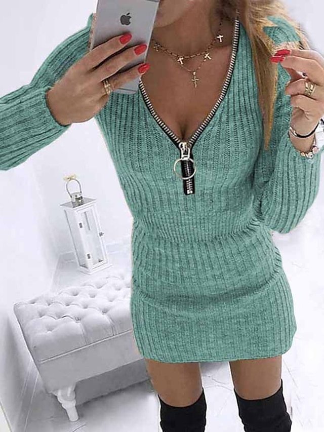 Fashion Regular Fit Pure Colour V Neck Long Sleeve Mini Jumper Dress - Image 1