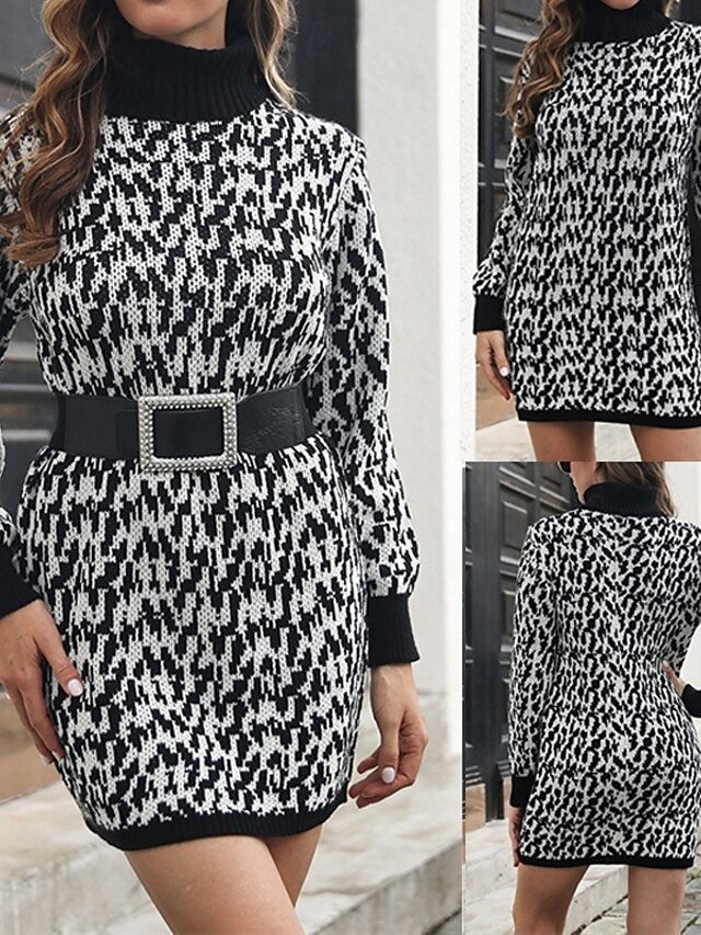 Fashion Regular Fit Snake Print Turtleneck Long Sleeve Mini Sweater Dress - Image 2