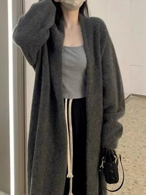 Fashion Regular Fit Solid Colour Open Front Long Sleeve Long Knit Cardigan - Image 1
