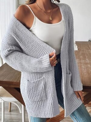 Fashion Regular Fit Solid Colour Open Front Long Sleeve Long Cardigan - Image 10