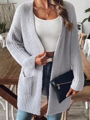 Fashion Regular Fit Solid Colour Open Front Long Sleeve Long Cardigan - Image 12