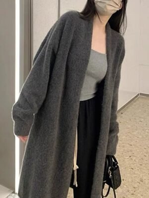 Fashion Regular Fit Solid Colour Open Front Long Sleeve Long Knit Cardigan - Image 2
