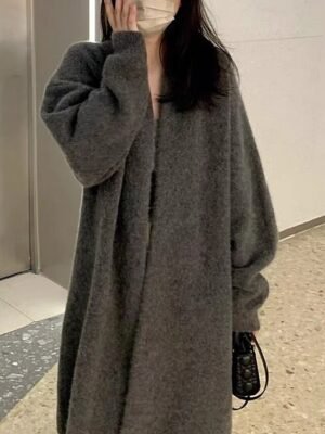 Fashion Regular Fit Solid Colour Open Front Long Sleeve Long Knit Cardigan - Image 3