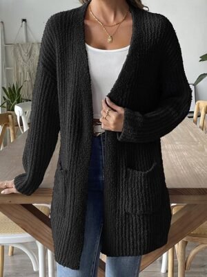 Fashion Regular Fit Solid Colour Open Front Long Sleeve Long Cardigan - Image 4