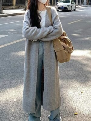 Fashion Regular Fit Solid Colour Open Front Long Sleeve Long Knit Cardigan - Image 4