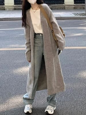 Fashion Regular Fit Solid Colour Open Front Long Sleeve Long Knit Cardigan - Image 5