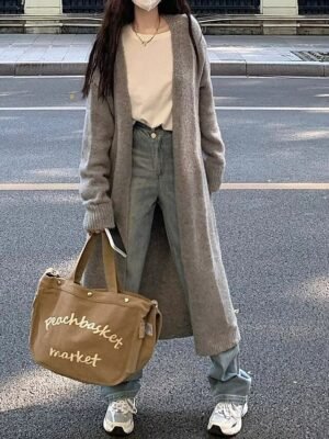 Fashion Regular Fit Solid Colour Open Front Long Sleeve Long Knit Cardigan - Image 6