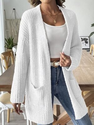 Fashion Regular Fit Solid Colour Open Front Long Sleeve Long Cardigan - Image 7