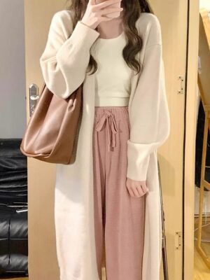 Fashion Regular Fit Solid Colour Open Front Long Sleeve Long Knit Cardigan - Image 7