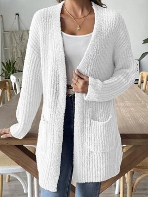 Fashion Regular Fit Solid Colour Open Front Long Sleeve Long Cardigan - Image 8