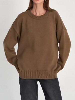 Fashion Regular Fit Solid Crew Neck Long Sleeve Knit Top - Image 12