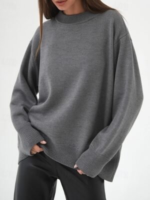 Fashion Regular Fit Solid Crew Neck Long Sleeve Knit Top - Image 2