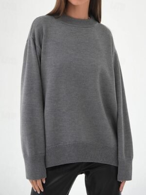 Fashion Regular Fit Solid Crew Neck Long Sleeve Knit Top - Image 3