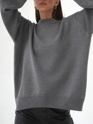 Fashion Regular Fit Solid Crew Neck Long Sleeve Knit Top - Image 5
