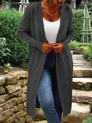 Fashion Regular Fit Solid Hooded Long Sleeve Long Cardigan - Image 4