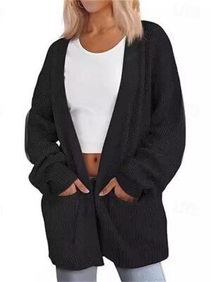 Fashion Regular Fit Solid Open Front Long Sleeve Long Cardigan - Image 2