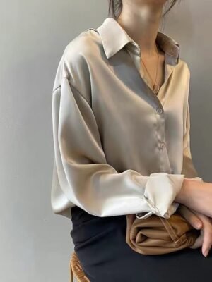 Fashion Regular Fit Solid Shirt Collar Long Sleeve Blouse - Image 6