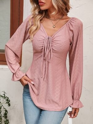 Fashion Regular Fit Solid V Neck Long Sleeve Tunic Blouse - Image 10