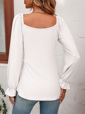 Fashion Regular Fit Solid V Neck Long Sleeve Tunic Blouse - Image 16