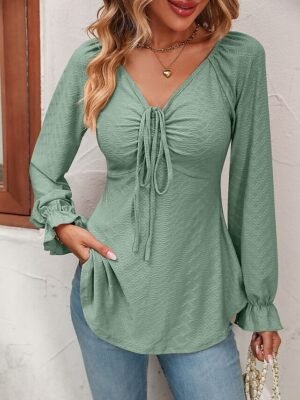 Fashion Regular Fit Solid V Neck Long Sleeve Tunic Blouse - Image 17