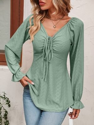 Fashion Regular Fit Solid V Neck Long Sleeve Tunic Blouse - Image 20