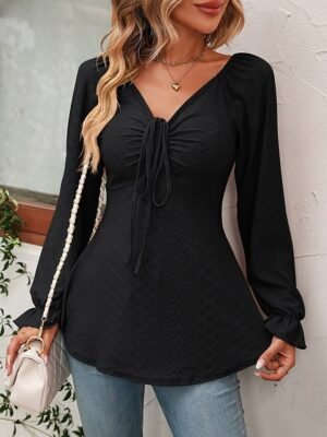 Fashion Regular Fit Solid V Neck Long Sleeve Tunic Blouse - Image 24