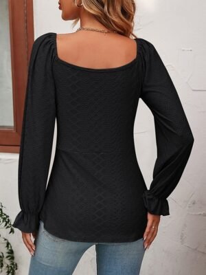Fashion Regular Fit Solid V Neck Long Sleeve Tunic Blouse - Image 26