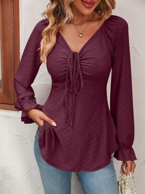 Fashion Regular Fit Solid V Neck Long Sleeve Tunic Blouse - Image 27