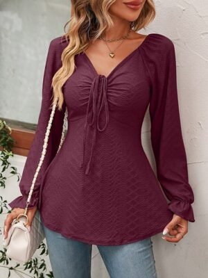 Fashion Regular Fit Solid V Neck Long Sleeve Tunic Blouse - Image 29